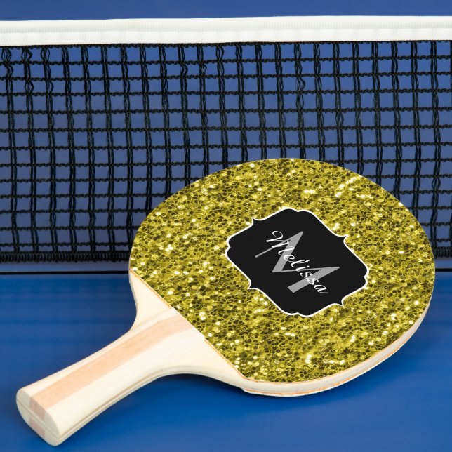 Mörkt guld gul falsk glittergnistrande monogram pingisracket (Insitu)