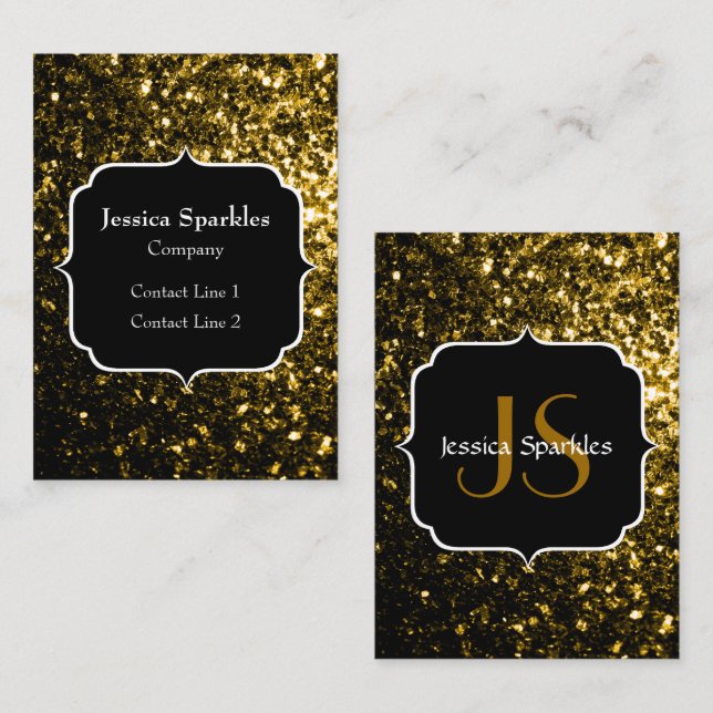 Mörkt guld gul falsk glittergnistrande monogram visitkort (Fram/baksida)