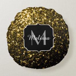 Mörkt guld gul falsk glittergnistrar Monogram Rund Kudde
