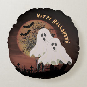 Mörkt Halloween-kyrkogård och spöken Halloween Rund Kudde