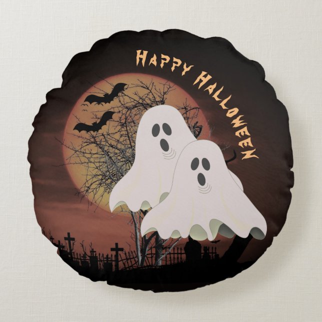 Mörkt Halloween-kyrkogård och spöken Halloween Rund Kudde (Framsidan)