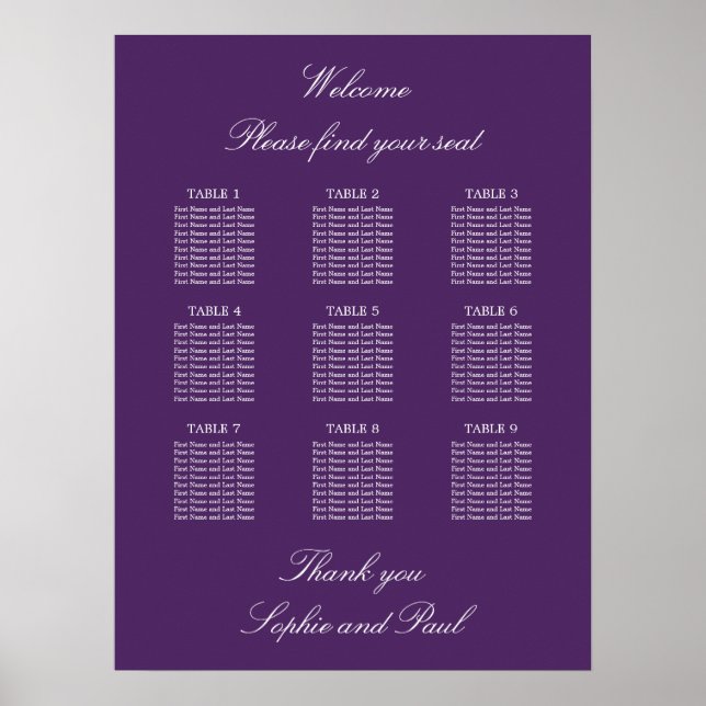 Mörkt Lila 9 Bord Bröllopsställning Diagram Affisc Poster (Framsidan)