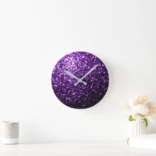 Mörkt lila falskt glänsande glitter gnistrar rund klocka