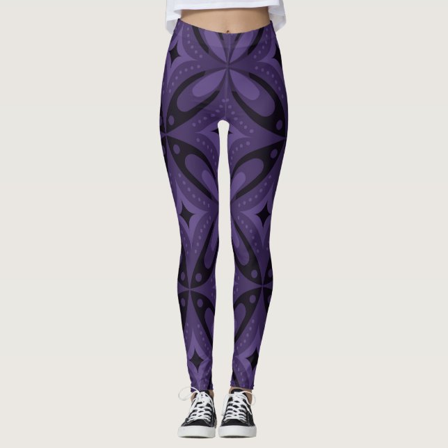 Mörkt lila färgad retro-mönster leggings (Framsida)
