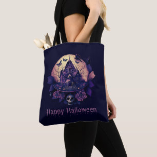 Mörkt lila gotisk spökhus Glad Halloween Tygkasse