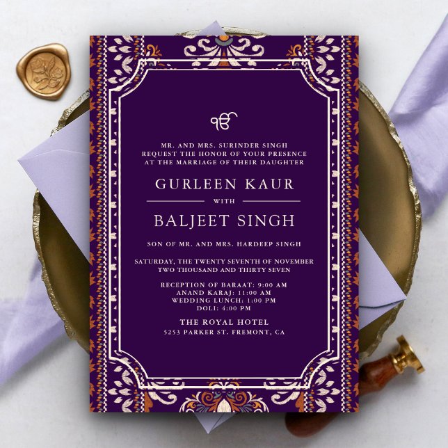 Mörkt lila gul ikat Anand Karaj Sikh bröllop Inbjudningar (Skapare uppladdad)