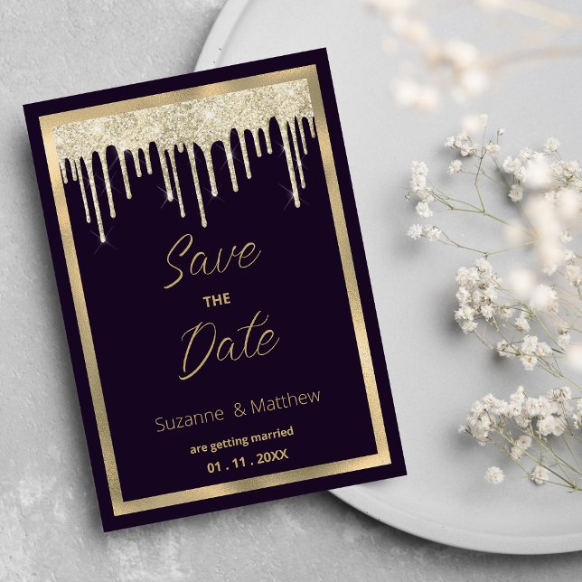 Mörkt lila guld lyx glitter dropp Save the Date Inbjudningar (Dark purple gold luxury glitter drip Save the Date )
