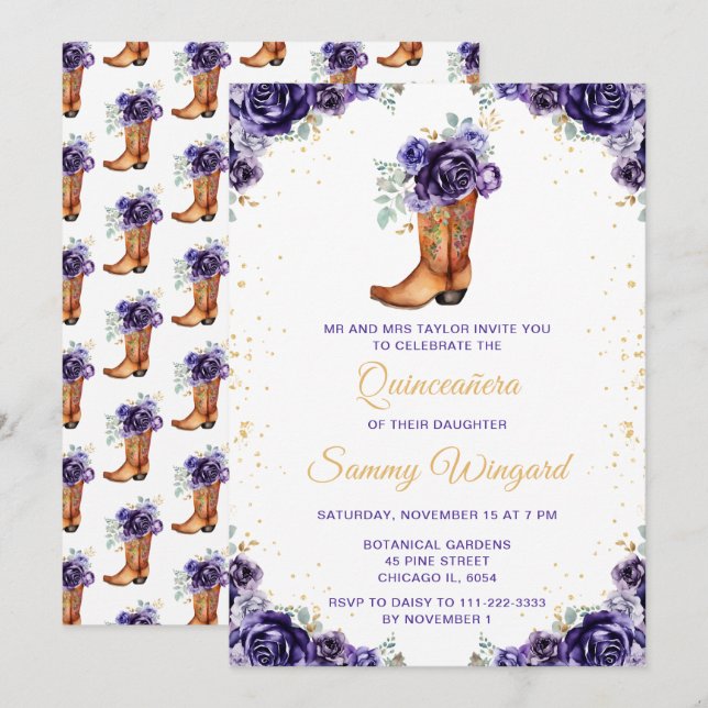 Mörkt lila guldblommig cowboyboot Quinceañera Inbjudningar (Fram/baksida)