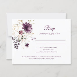 Mörkt lila och guld kontur rosor vit baksida RSVP OSA Kort