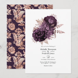 Mörkt lila och roséguld blommande bröllop inbjudningar