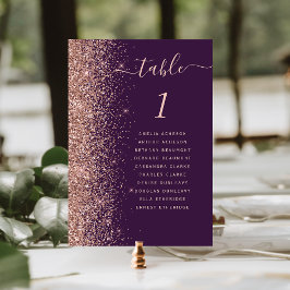 Mörkt lila roséguld glitter bröllop bordsnummer