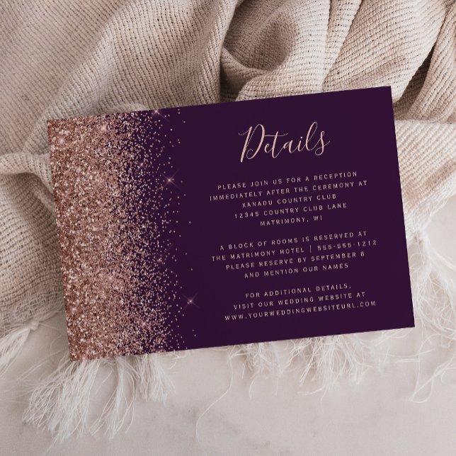Mörkt lila roséguld glitter bröllopsdetaljer tilläggskort (Skapare uppladdad)