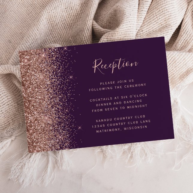 Mörkt lila roséguld glitter bröllopsmottagning tilläggskort (Skapare uppladdad)