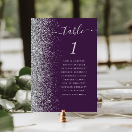 Mörkt lila silver glitter bröllop bordsnummer