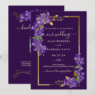 Mörkt Lila Violett Bröllop RSVP QR-kod Guld Ram Inbjudningar