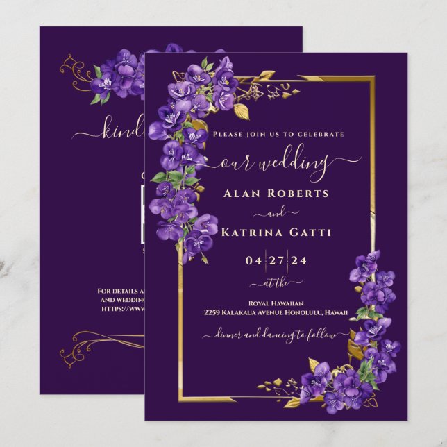 Mörkt Lila Violett Bröllop RSVP QR-kod Guld Ram Inbjudningar (Fram/baksida)