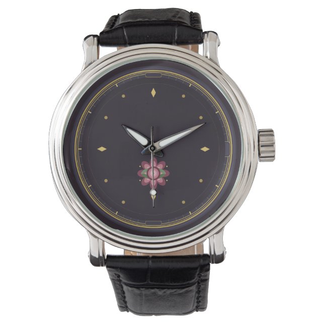 Mörkt Lyxigt Blommigt Ur | Rose Gold Botanisk Dia Armbandsur (Framsida)