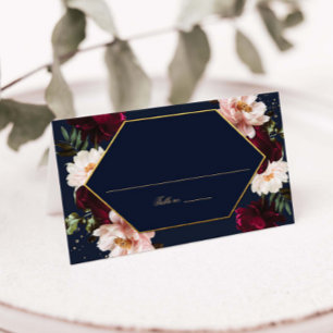 Mörkt Marin Burgunder Rosa Peonier Blommig Bröllop Placeringskort