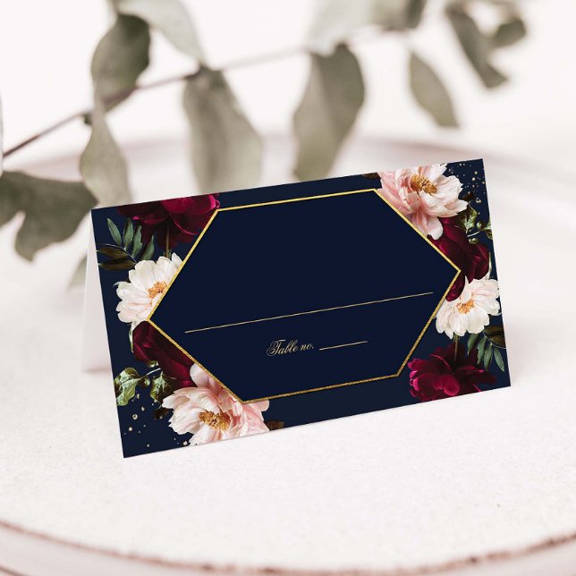 Mörkt Marin Burgunder Rosa Peonier Blommig Bröllop Placeringskort (Skapare uppladdad)