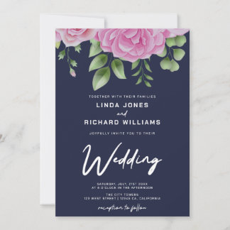 Mörkt marinblå akvarellrosor bröllopsinbjudan inbjudningar