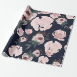 Mörkt marinblått blom- party för rosa vattenfärgro presentpapper<br><div class="desc">inpackning av papper</div>