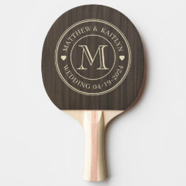 Mörkt Modernt Trä Bröllops Monogram Hjärtat Pingisracket