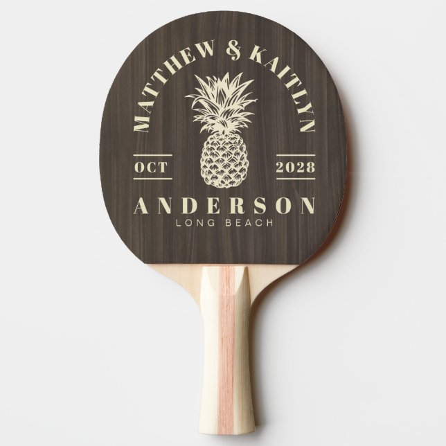 Mörkt Modernt Trä Tropisk Ananas Bröllop Pingisracket (Baksidan)
