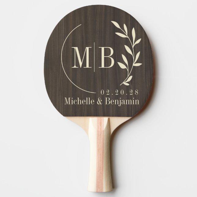 Mörkt Modernt Träblad Bröllopsmonogram Pingisracket (Baksidan)
