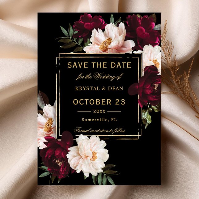 Mörkt Moody Burgundy Rosafärgad Svart Blommig Bröl Spara Datumet (dark moody blush burgundy peonies floral flowers black gold wedding save the date printed cards file)