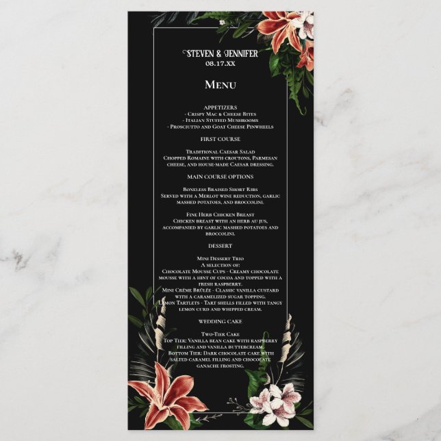 Mörkt och stämningsfullt bröllopsmeny Botanisk Vin Meny (Framsida)