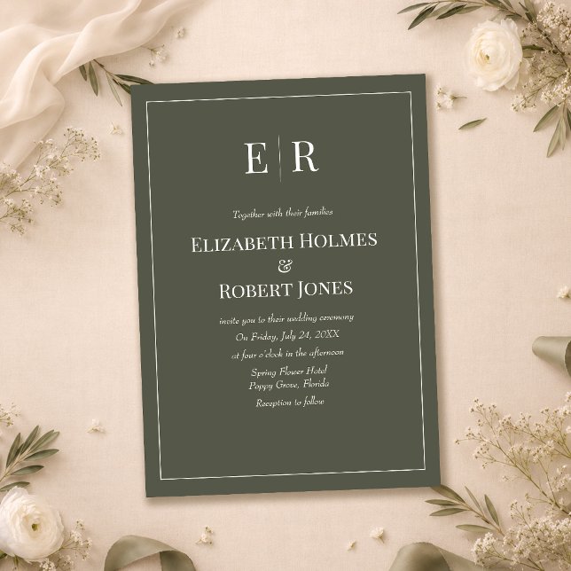 Mörkt Oliv Minimalistisk Monogram Bröllopsinbjudan Inbjudningar (Dark Olive Minimalist Monogram Wedding Invitation on a table with white and green flowers)