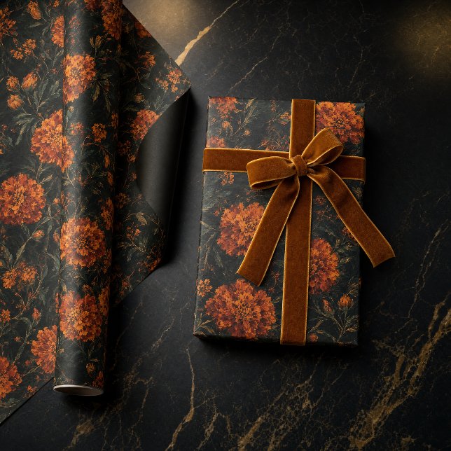 Mörkt Orange Marigold Blommigt Sömlöst Mönster Presentpapper (Dark Orange Marigold Floral Seamless Pattern Wrapping Paper)