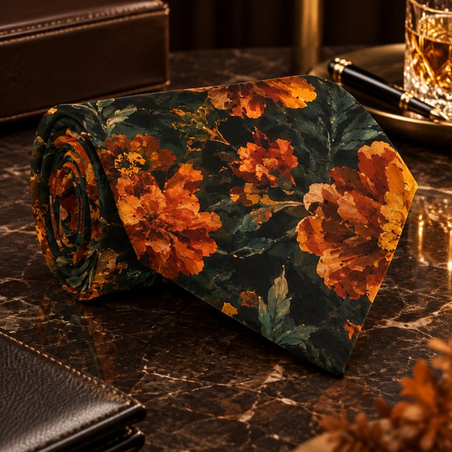 Mörkt Orange Marigold Blommigt Sömlöst Mönster Slips (Dark Orange Marigold Floral Seamless Pattern Neck Tie
)