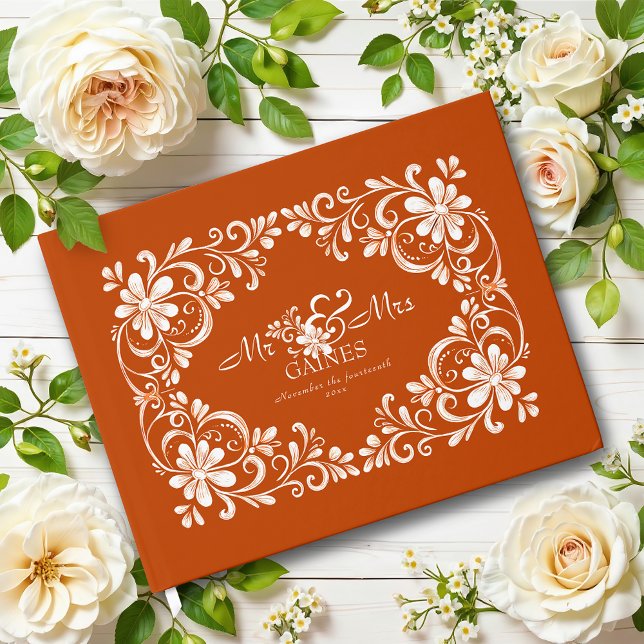 Mörkt orange shabby chic bröllopsgästbok gästböcker (Skapare uppladdad)