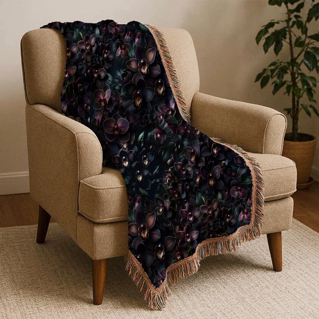Mörkt orkidé maximalistisk gotisk blomstertäcke filt (Dark Orchid Maximalist Gothic Floral Throw Blanket)