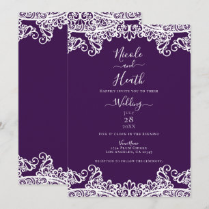 Mörkt plommon lila & vit spets elegant bröllop inbjudningar