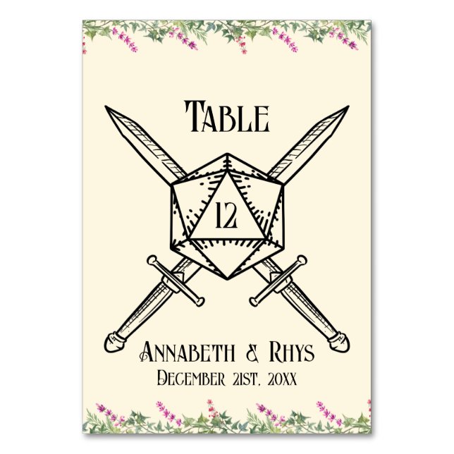 Mörkt rosa blommig svärd D20 RPG-inspirerad  Bordsnummer (Framsidan)