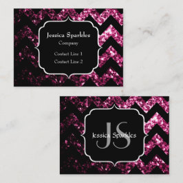 Mörkt rosa glitter gnistrar Svart Chevron-monogram Visitkort