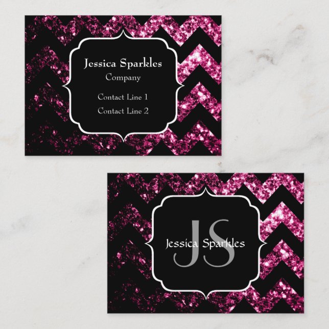 Mörkt rosa glitter gnistrar Svart Chevron-monogram Visitkort (Fram/baksida)