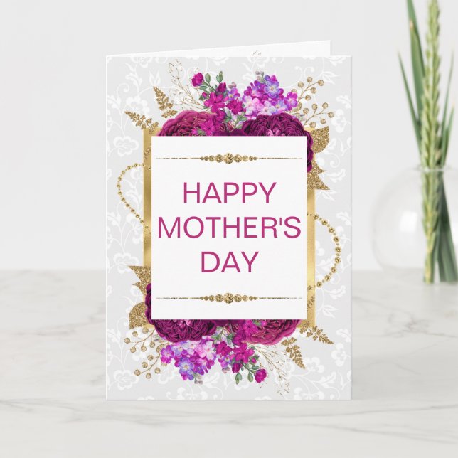 Mörkt rosa och lila blommor mors dag kort (Framsida)
