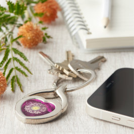 Mörkt rosa orientalisk vallmo blomster twisted heart silverfärgad nyckelring