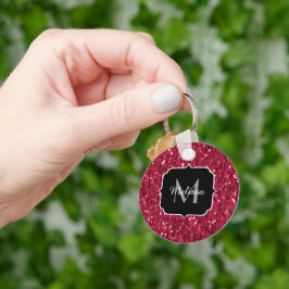 Mörkt rosa röd magenta falska gnistor Monogram Nyckelring