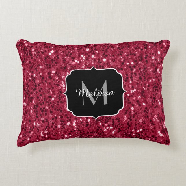 Mörkt rosa röd magenta falska gnistor Monogram Prydnadskudde (Framsidan)