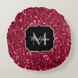 Mörkt rosa röd magenta falska gnistor Monogram Rund Kudde