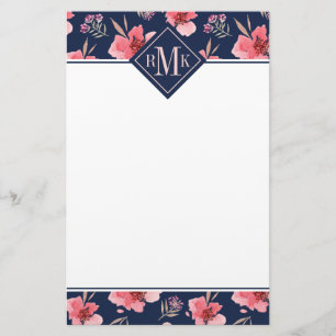 Mörkt rosa vattenfärgmönster för Monogram Brevpapper