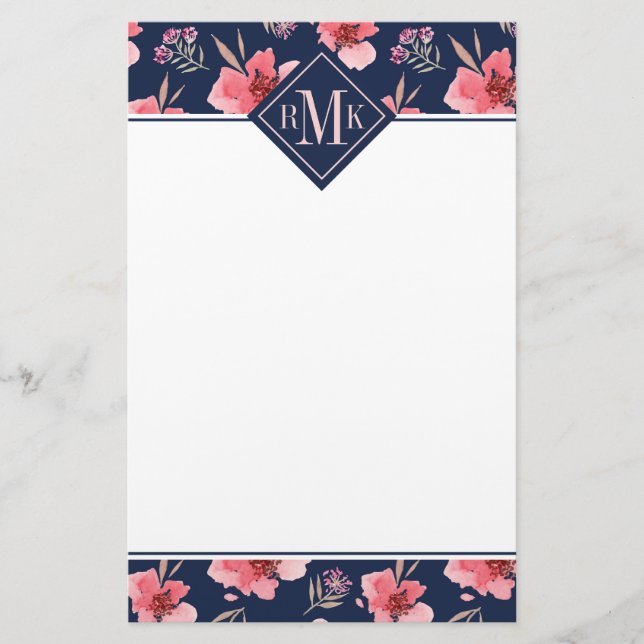 Mörkt rosa vattenfärgmönster för Monogram | Brevpapper (Framsida)