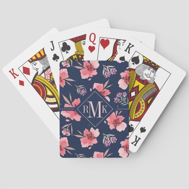 Mörkt rosa vattenfärgmönster för Monogram | Casinokort (Baksidan)