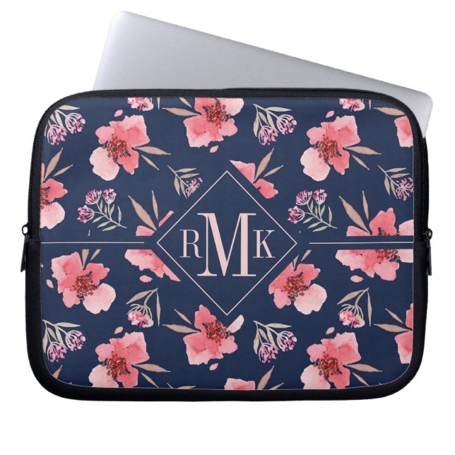 Mörkt rosa vattenfärgmönster för Monogram | Laptop Fodral (Framsidan)