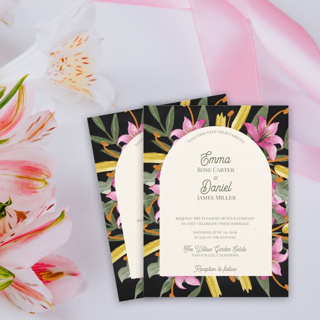 Mörkt rosafärgad lilja välvd bröllop inbjudan vykort (Dark Blush Pink Lily Arched Wedding Invitation | Botanical Floral Arch Evening Garden Wedding)