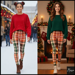 Mörkt Rustikt Orange Grönt Brunt Tartan Rutigt Leggings